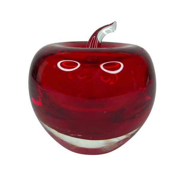 Handcrafted Red Glass Apple Paperweight With Clear Stem Decor - Picture 1 of 6